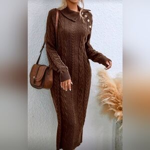 New Cable Knit Cowl Button Neck Midi Sweater Dress Brown